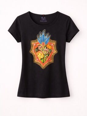 G.L Black Graphic Tee Sacred Heart Floral Print Stretch Top Size M/L